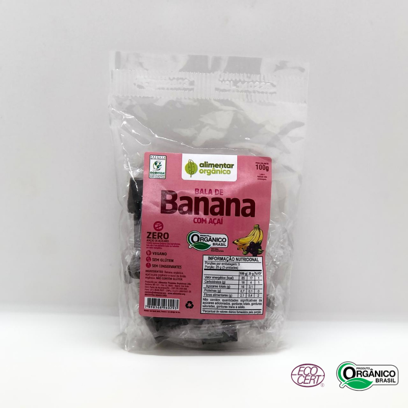Bala de Banana com Açaí sem Açúcar Orgânico Alimentar 100g